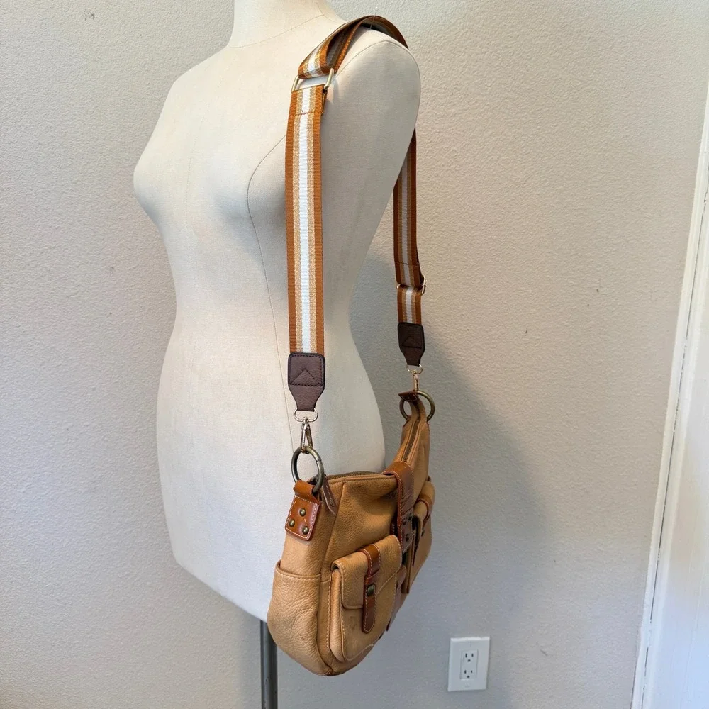 Luce Tan Pebbled Leather Crossbody Bag Multi Pocket Striped Strap Shoulder Bag